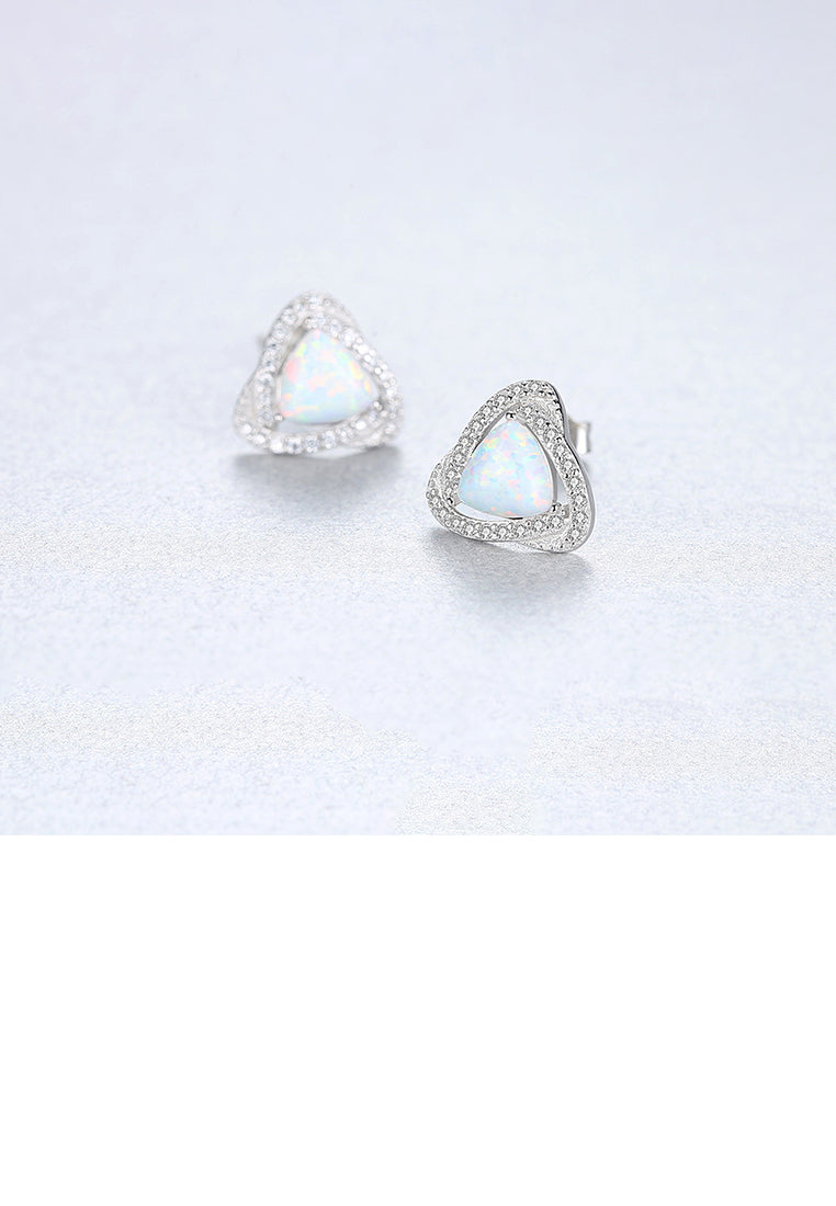 925 Sterling Silver Simple Geometric Triangle White Imitation Opal Stud Earrings with Cubic Zirconia - Luxurious Look
