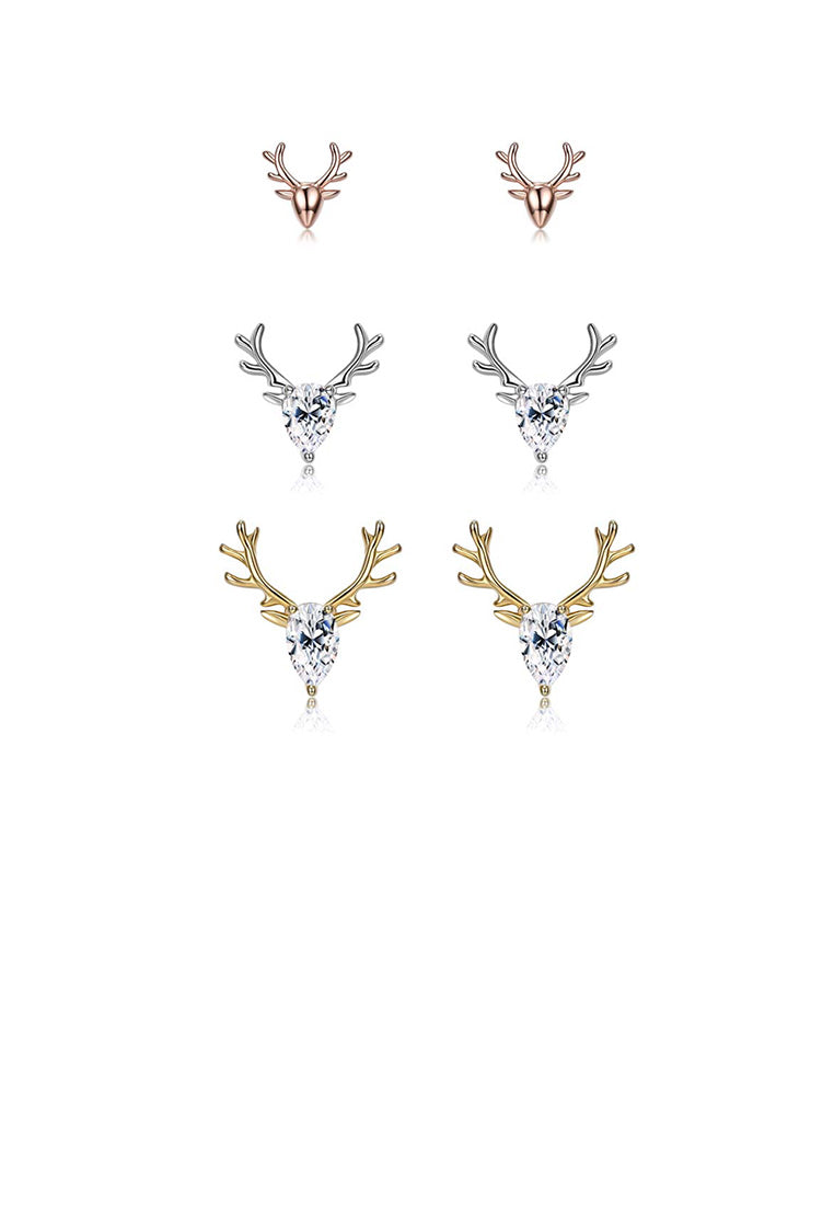 925 Sterling Silver Simple Tricolor Antler Cubic Zircon Three-Piece Stud Earrings