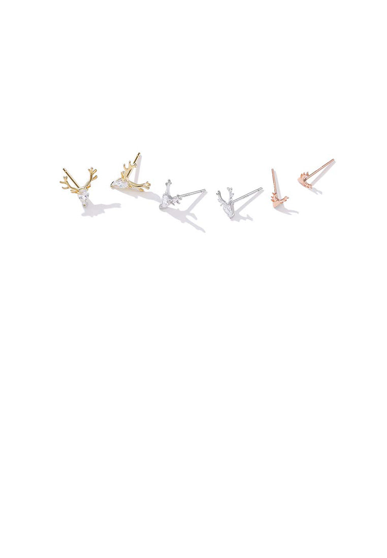 925 Sterling Silver Simple Tricolor Antler Cubic Zircon Three-Piece Stud Earrings