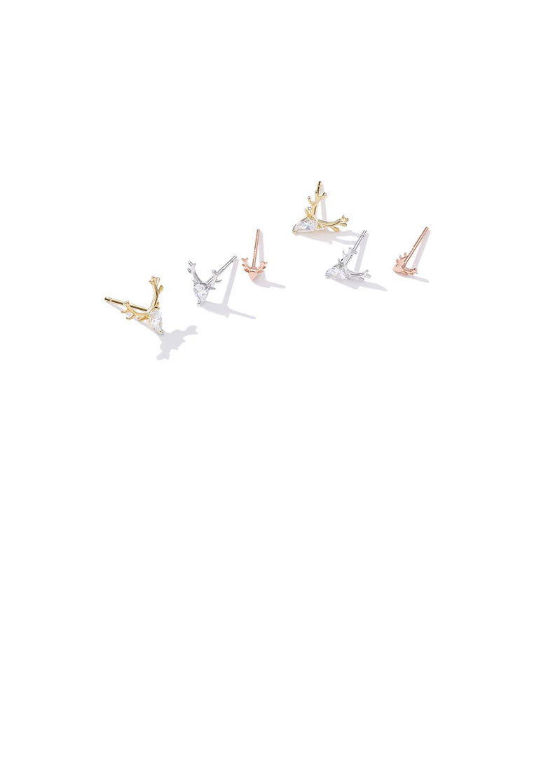 925 Sterling Silver Simple Tricolor Antler Cubic Zircon Three-Piece Stud Earrings