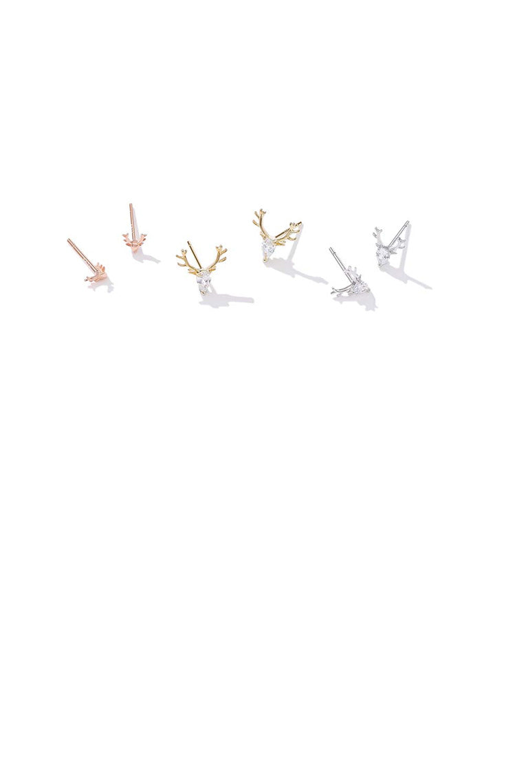 925 Sterling Silver Simple Tricolor Antler Cubic Zircon Three-Piece Stud Earrings