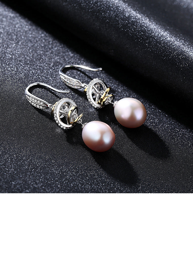 925 Sterling Silver Fashion Simple Geometric Circle Purple Freshwater Pearl Earrings with Cubic Zirconia - Luxurious Look
