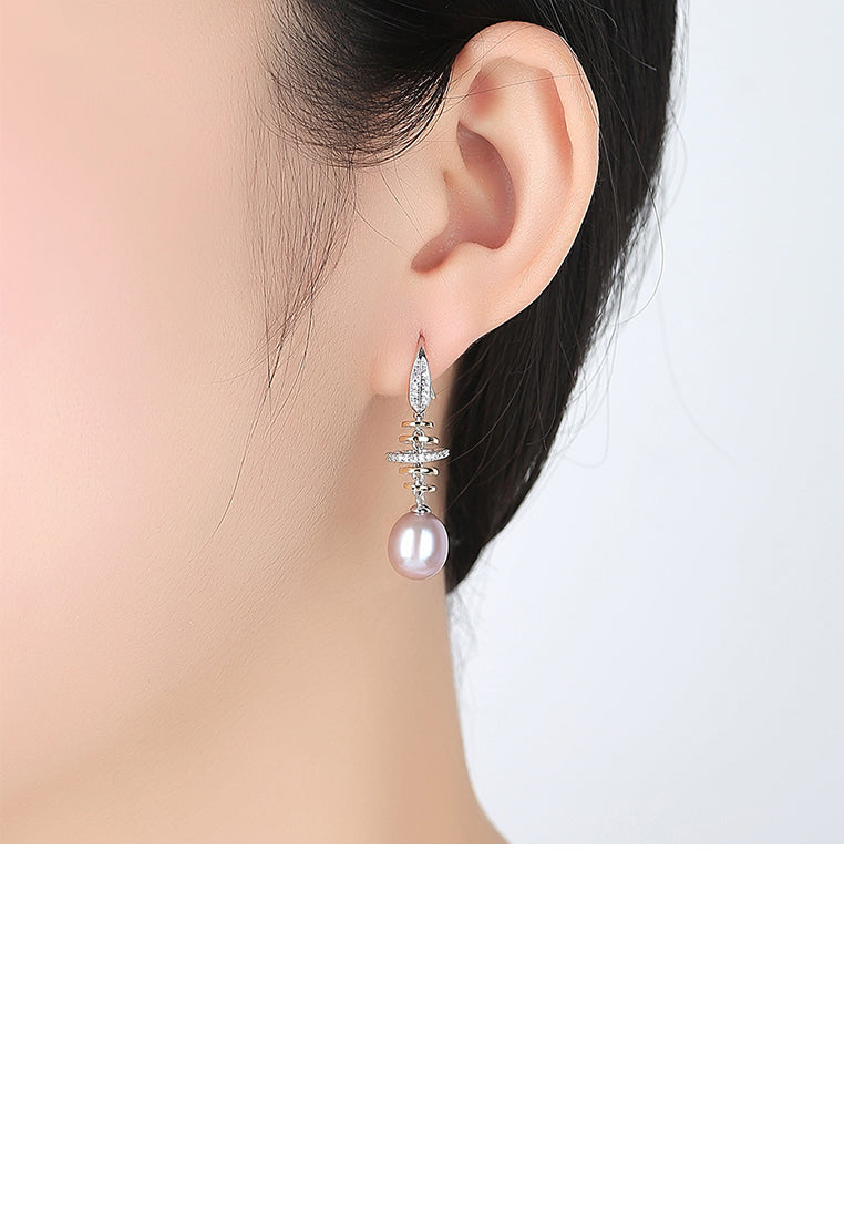 925 Sterling Silver Fashion Simple Geometric Circle Purple Freshwater Pearl Earrings with Cubic Zirconia - Luxurious Look