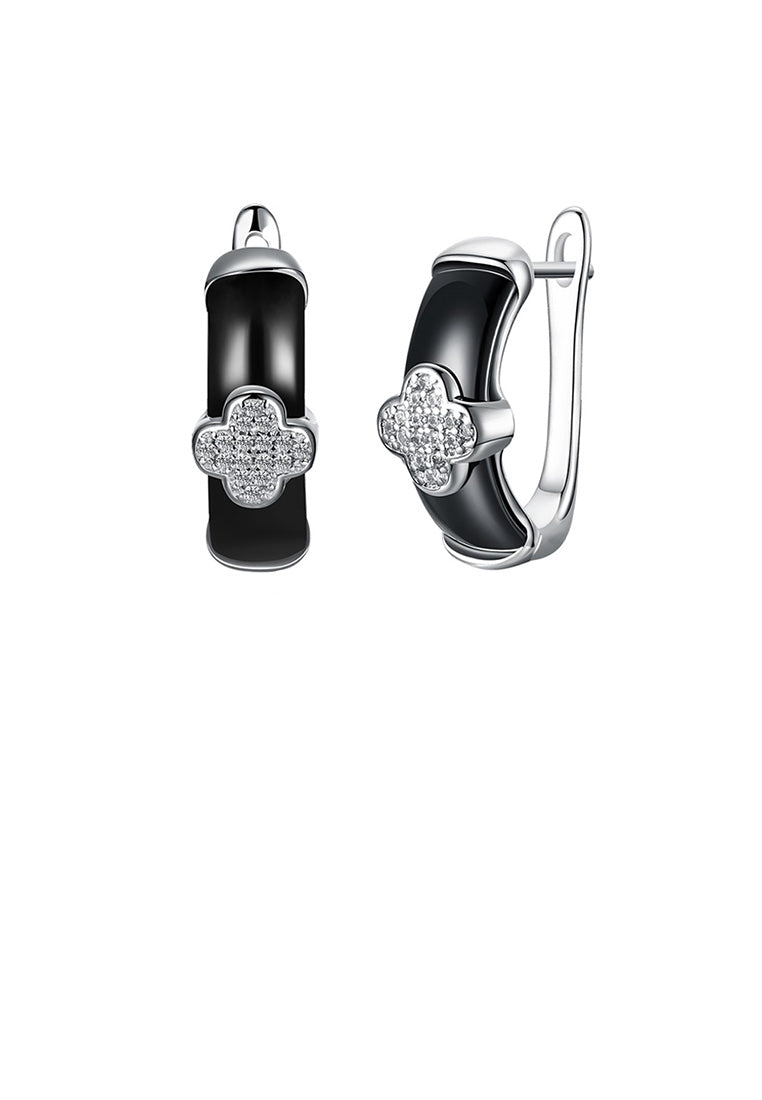 925 Sterling Silver Elegant Four-leafed Clover Black Ceramic Stud Earrings with Cubic Zircon