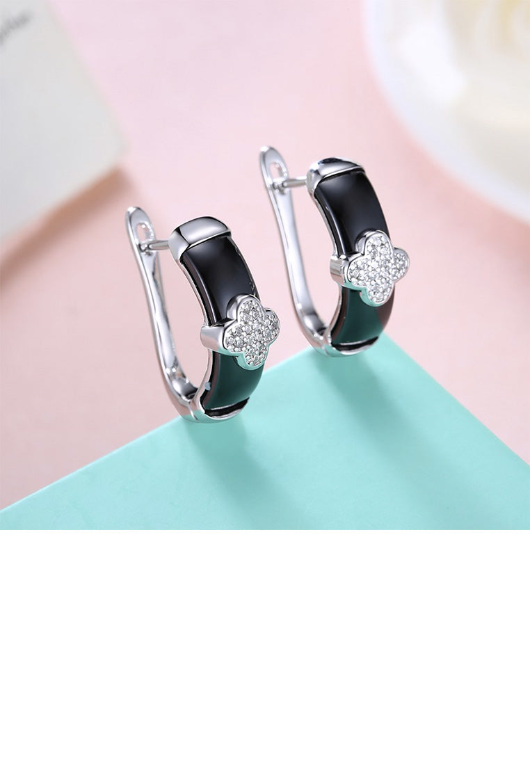 925 Sterling Silver Elegant Four-leafed Clover Black Ceramic Stud Earrings with Cubic Zircon