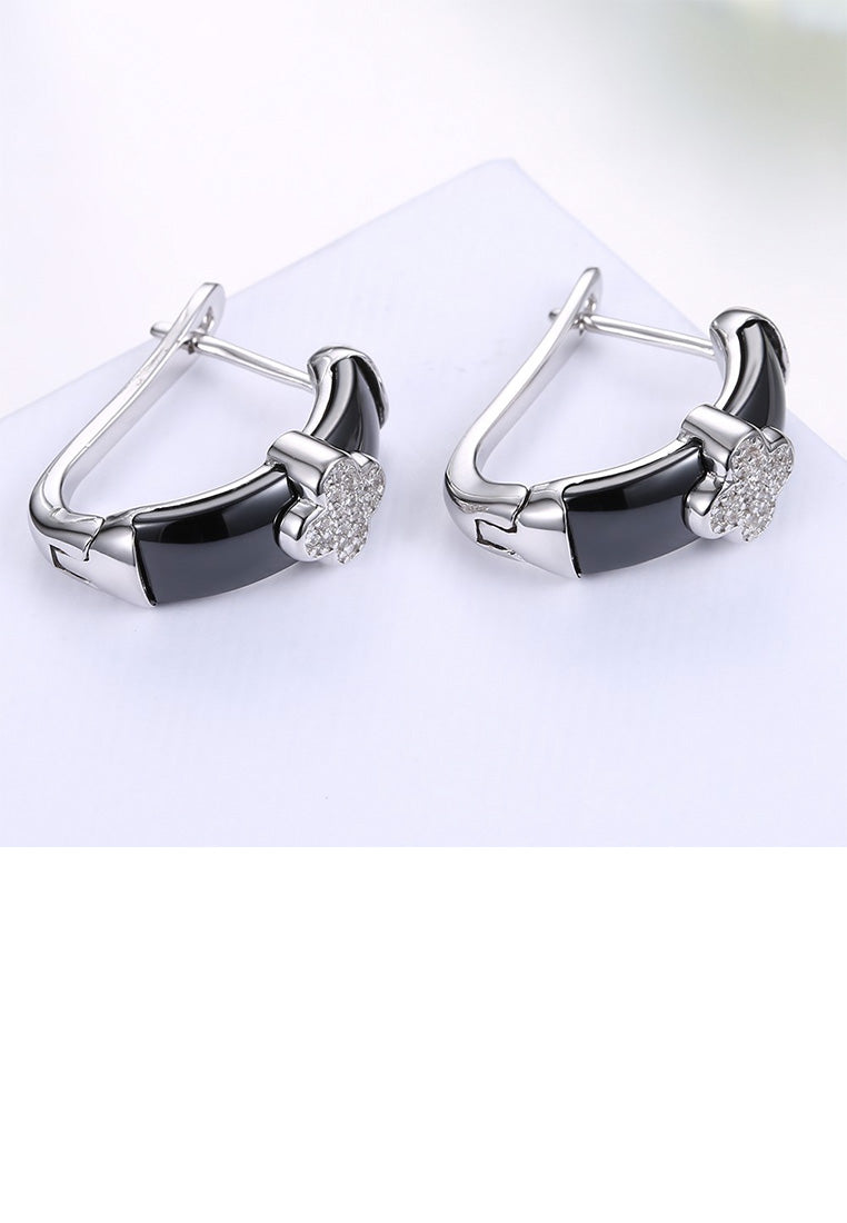 925 Sterling Silver Elegant Four-leafed Clover Black Ceramic Stud Earrings with Cubic Zircon