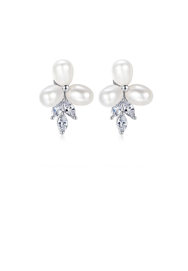 Fashion and Elegant Flower Freshwater Pearl Earrings with Cubic Zirconia - Luxurious Look