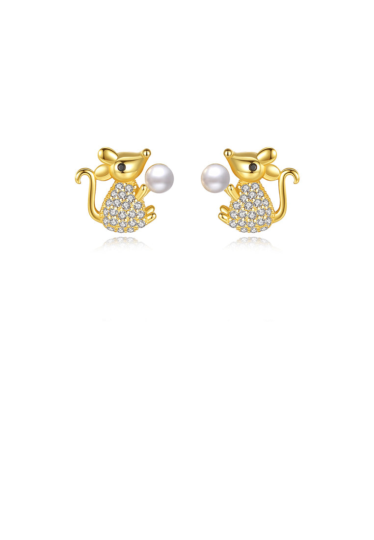 925 Sterling Silver Plated Gold Simple Cute Little Mouse Stud Earrings with Imitation Pearls and Cubic Zirconia - Luxurious Look