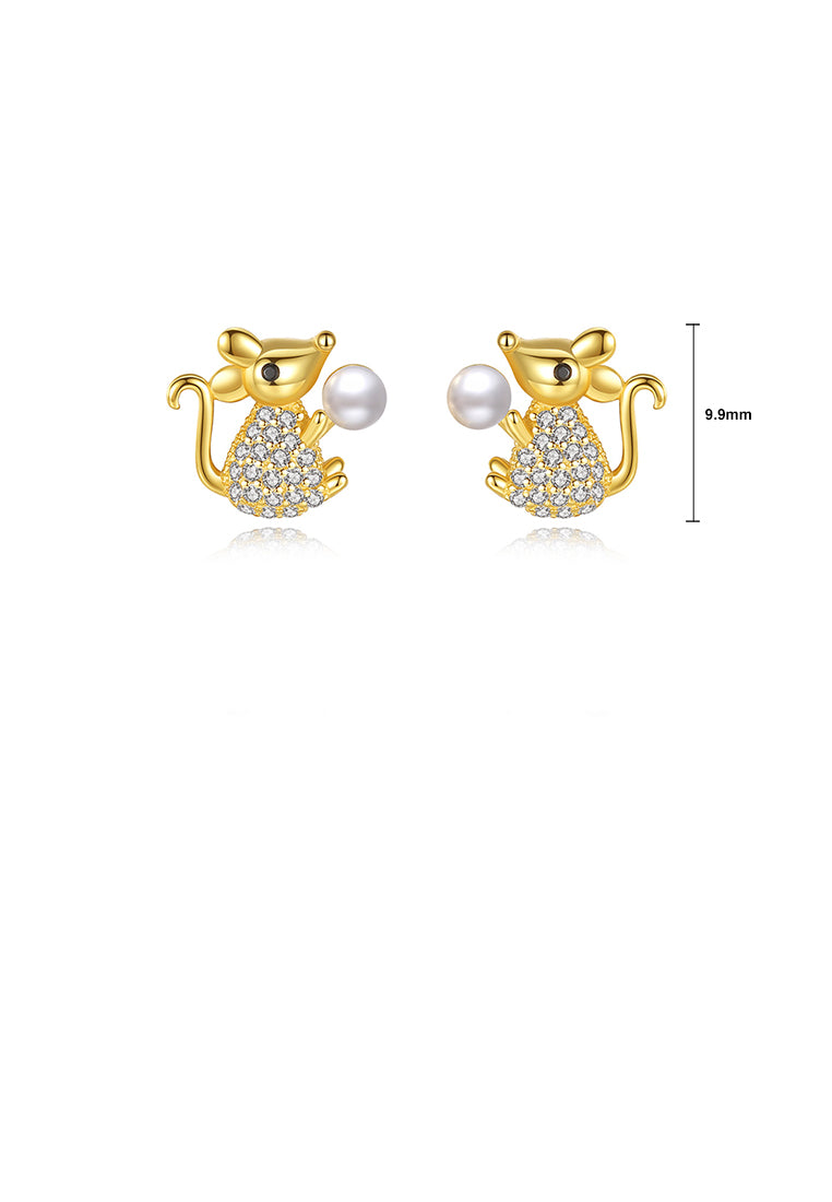 925 Sterling Silver Plated Gold Simple Cute Little Mouse Stud Earrings with Imitation Pearls and Cubic Zirconia - Luxurious Look