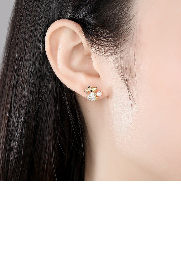 925 Sterling Silver Plated Gold Simple Cute Little Mouse Stud Earrings with Imitation Pearls and Cubic Zirconia - Luxurious Look