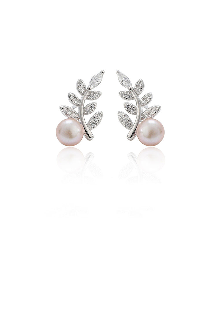 925 Sterling Silver Fashion Simple Leaf Purple Freshwater Pearl Stud Earrings with Cubic Zirconia - Luxurious Look
