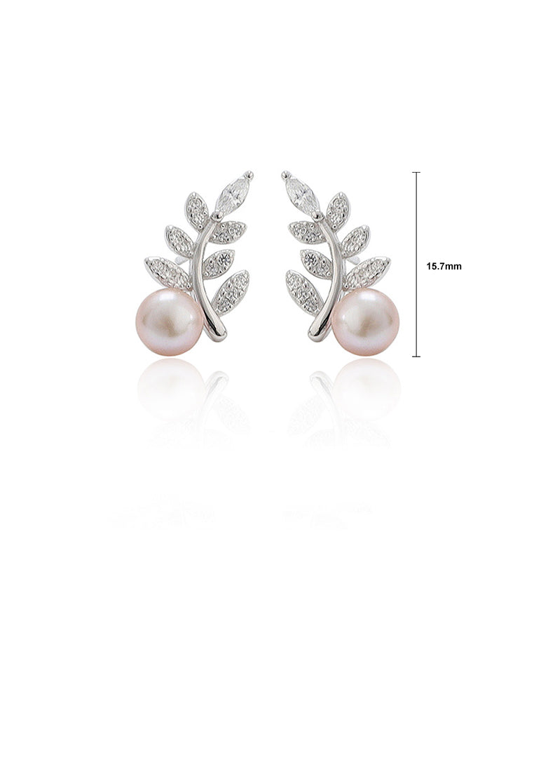 925 Sterling Silver Fashion Simple Leaf Purple Freshwater Pearl Stud Earrings with Cubic Zirconia - Luxurious Look