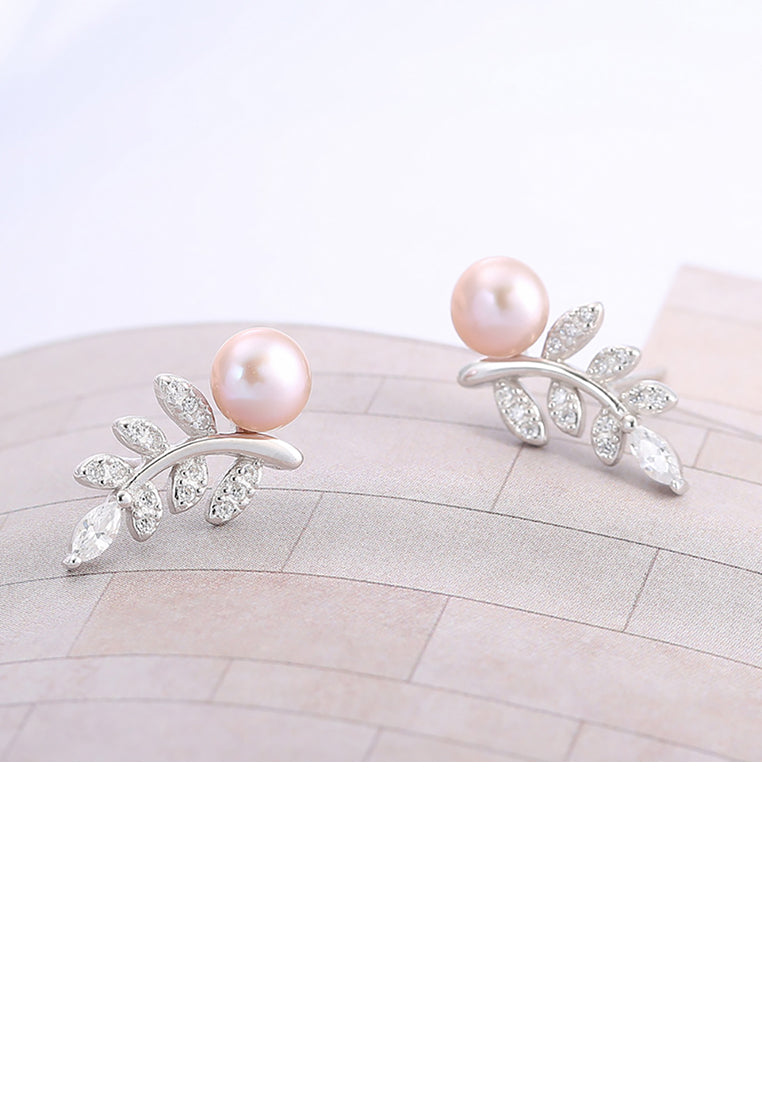 925 Sterling Silver Fashion Simple Leaf Purple Freshwater Pearl Stud Earrings with Cubic Zirconia - Luxurious Look