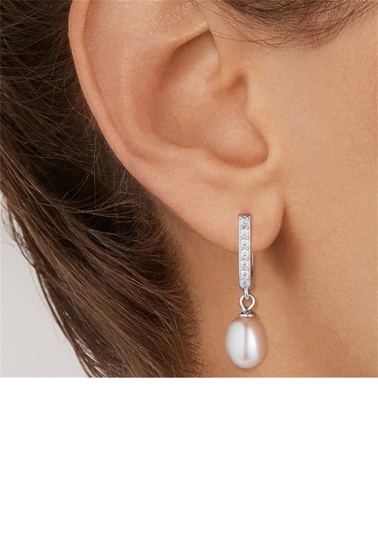 925 Sterling Silver Elegant Personality Geometric Cubic Zirconia Earrings with Purple Imitation Pearls - Luxurious Look