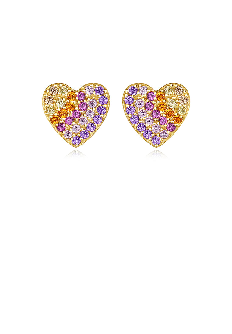 925 Sterling Silver Plated Gold Simple Bright Heart-shaped Stud Earrings with Colorful Cubic Zirconia - Luxurious Look