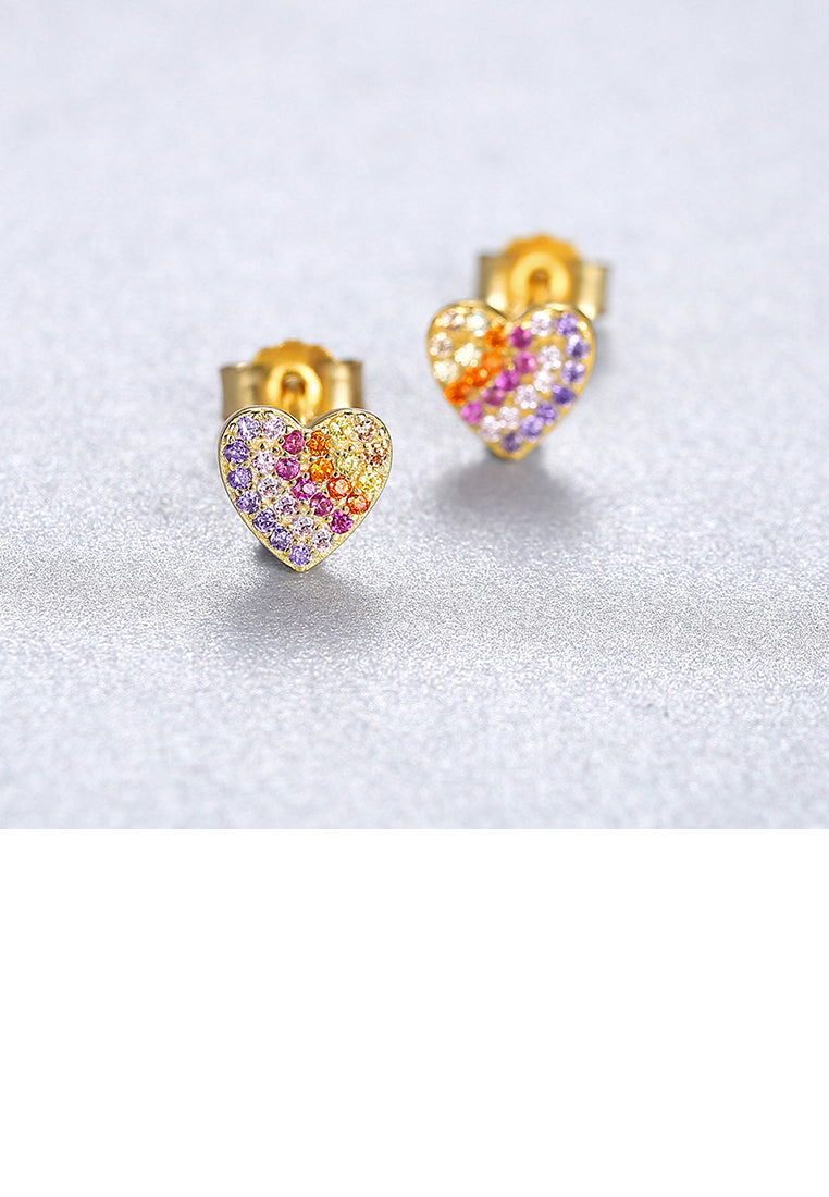 925 Sterling Silver Plated Gold Simple Bright Heart-shaped Stud Earrings with Colorful Cubic Zirconia - Luxurious Look