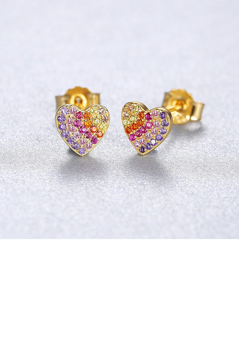 925 Sterling Silver Plated Gold Simple Bright Heart-shaped Stud Earrings with Colorful Cubic Zirconia - Luxurious Look
