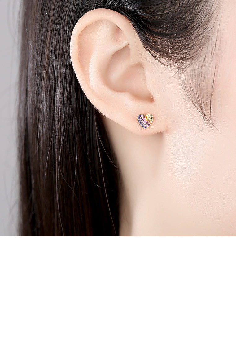 925 Sterling Silver Plated Gold Simple Bright Heart-shaped Stud Earrings with Colorful Cubic Zirconia - Luxurious Look