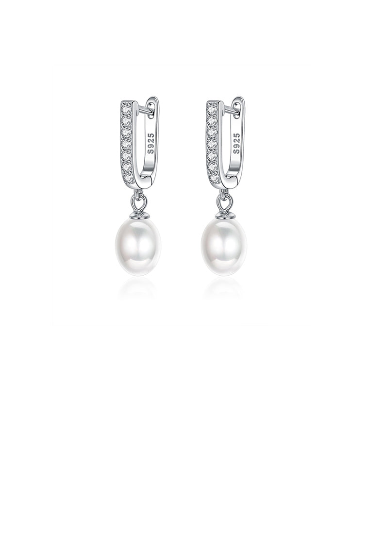 925 Sterling Silver Elegant Personality Geometric Cubic Zirconia Earrings with White Imitation Pearls - Luxurious Look