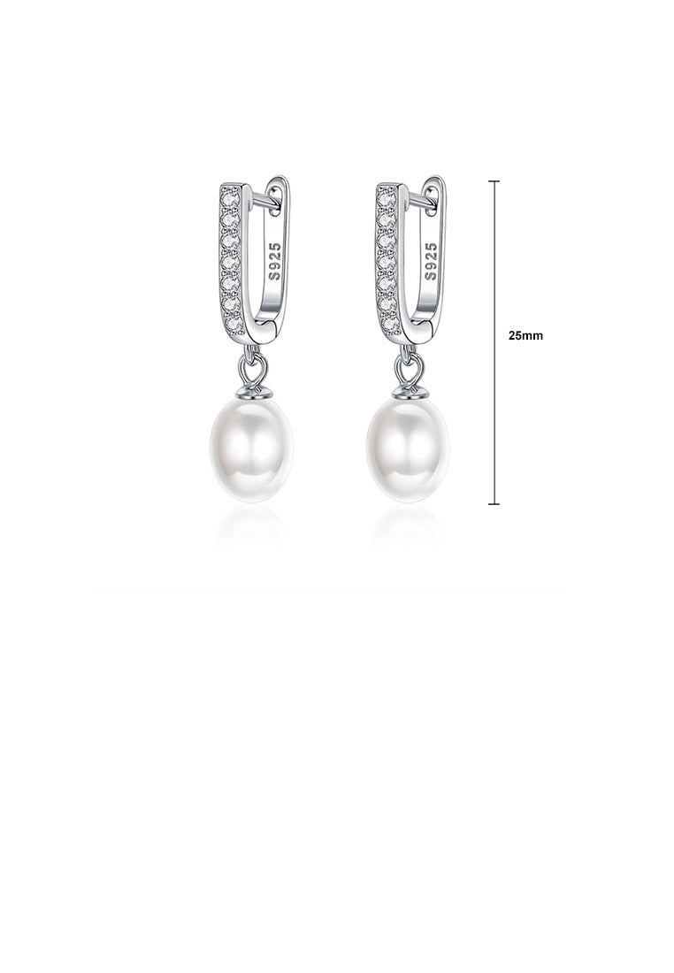 925 Sterling Silver Elegant Personality Geometric Cubic Zirconia Earrings with White Imitation Pearls - Luxurious Look