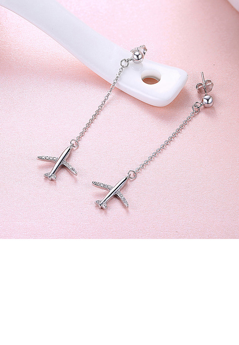 925 Sterling Silver Simple Aircraft Long Earrings with Austrian Element Crystal