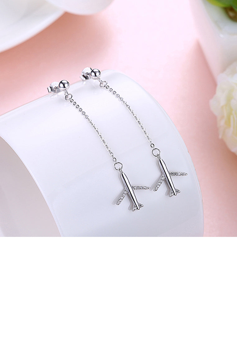 925 Sterling Silver Simple Aircraft Long Earrings with Austrian Element Crystal