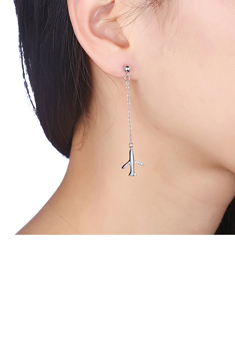 925 Sterling Silver Simple Aircraft Long Earrings with Austrian Element Crystal