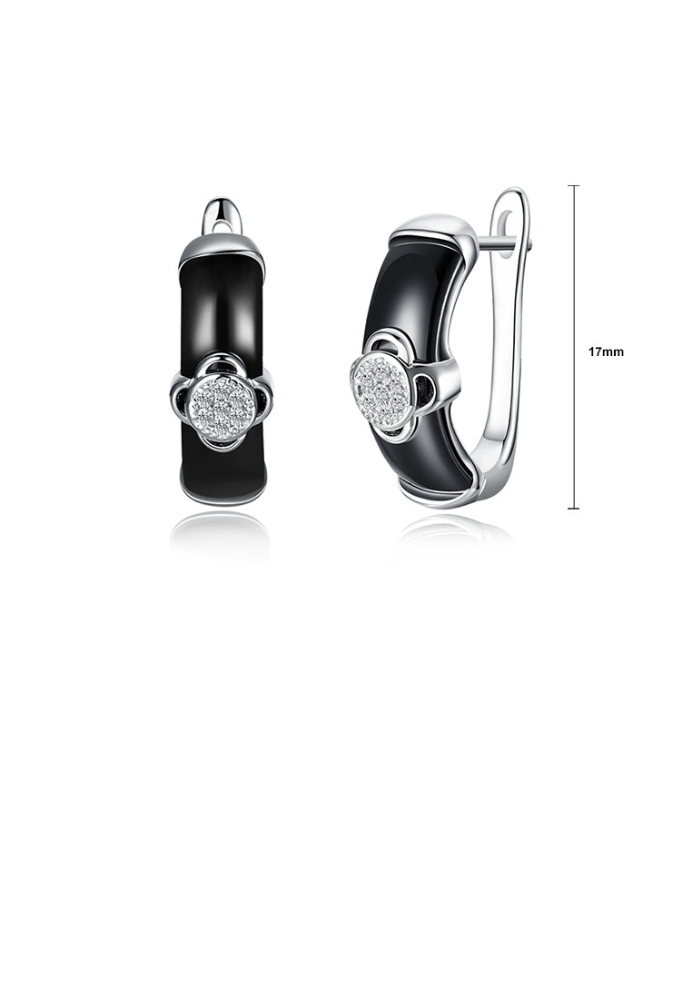 925 Sterling Silver Fashion Elegant Flower Black Ceramic Earrings with Cubic Zircon