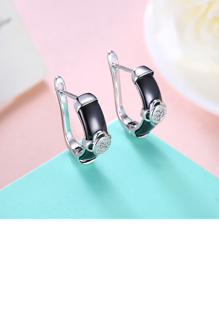 925 Sterling Silver Fashion Elegant Flower Black Ceramic Earrings with Cubic Zircon