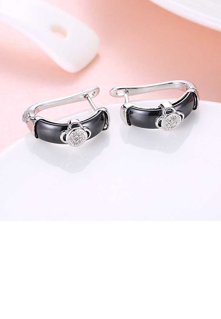 925 Sterling Silver Fashion Elegant Flower Black Ceramic Earrings with Cubic Zircon