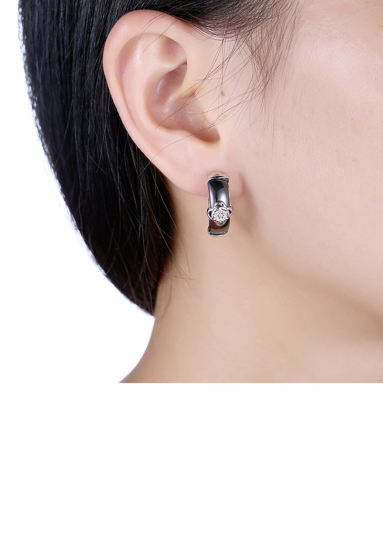 925 Sterling Silver Fashion Elegant Flower Black Ceramic Earrings with Cubic Zircon