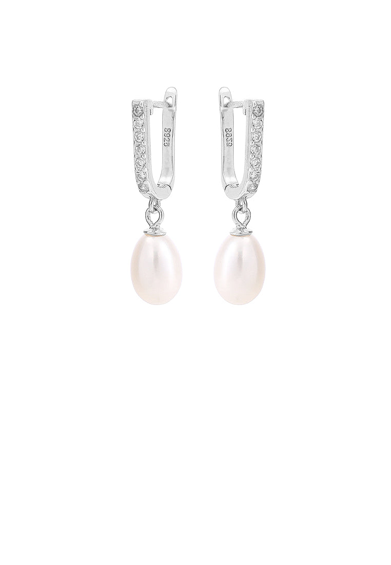 925 Sterling Silver Fashion Simple Geometric White Freshwater Pearl Earrings with Cubic Zirconia - Luxurious Look
