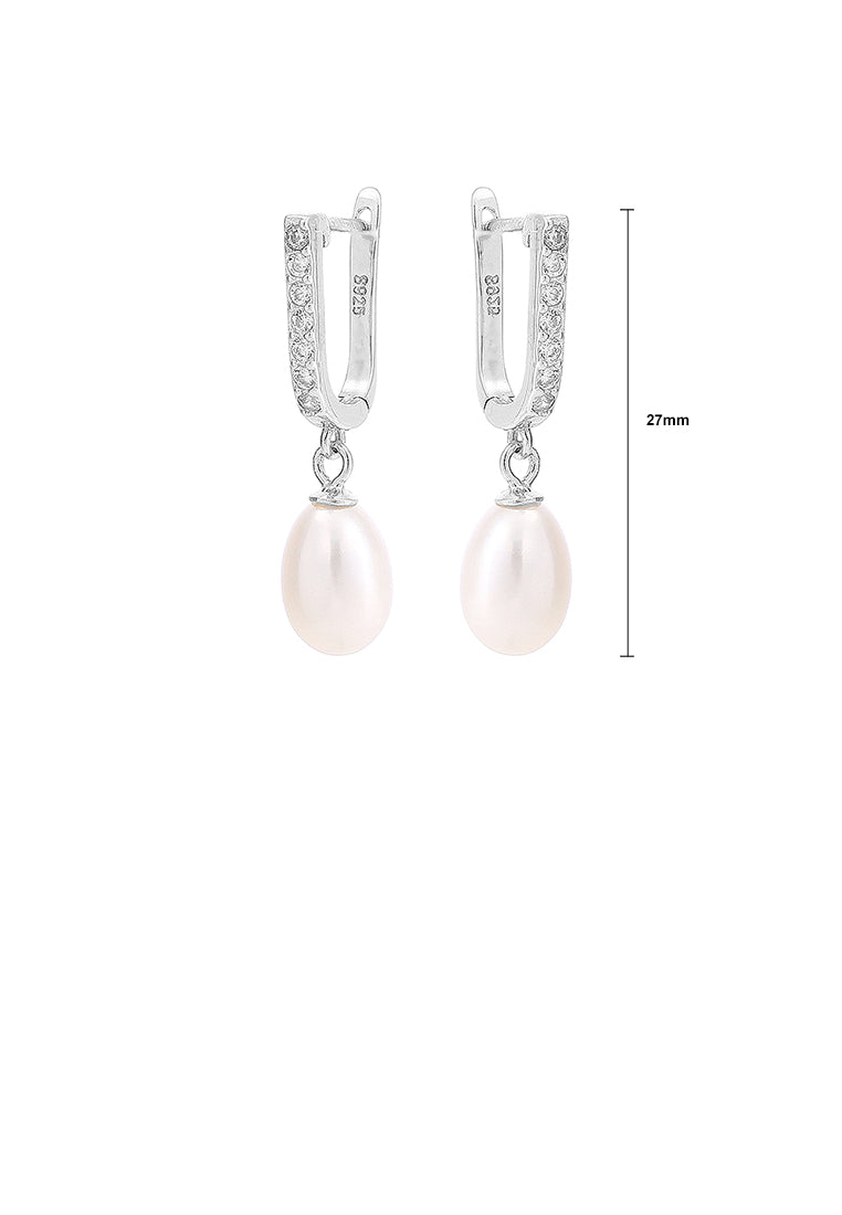 925 Sterling Silver Fashion Simple Geometric White Freshwater Pearl Earrings with Cubic Zirconia - Luxurious Look