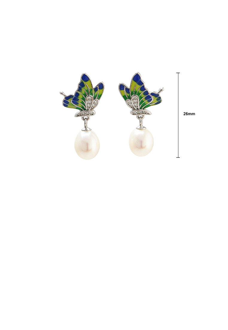 925 Sterling Silver Fashion Elegant Butterfly Freshwater Pearl Stud Earrings - Luxurious Look