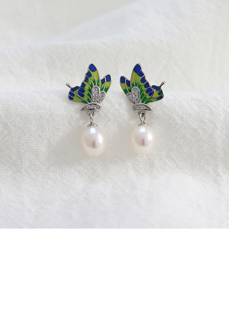 925 Sterling Silver Fashion Elegant Butterfly Freshwater Pearl Stud Earrings - Luxurious Look
