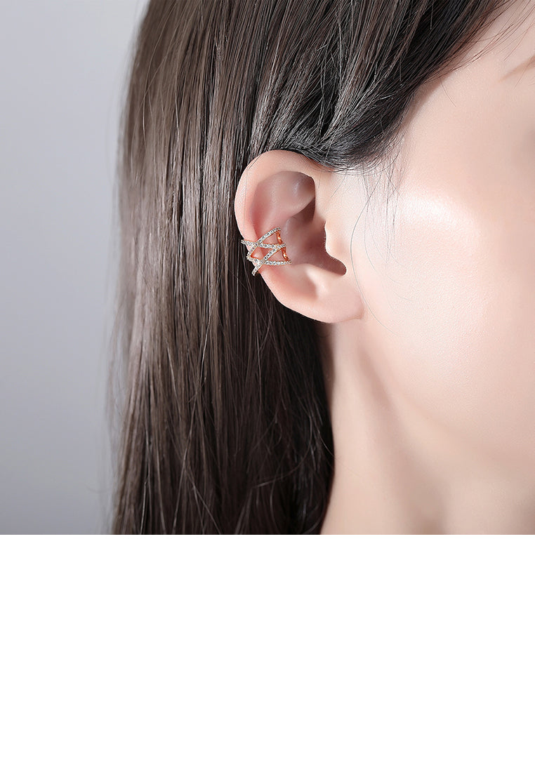 Fashion Personality Plated Gold Hollow Cross Geometry Single Ear Clip with Cubic Zirconia - Luxurious Look