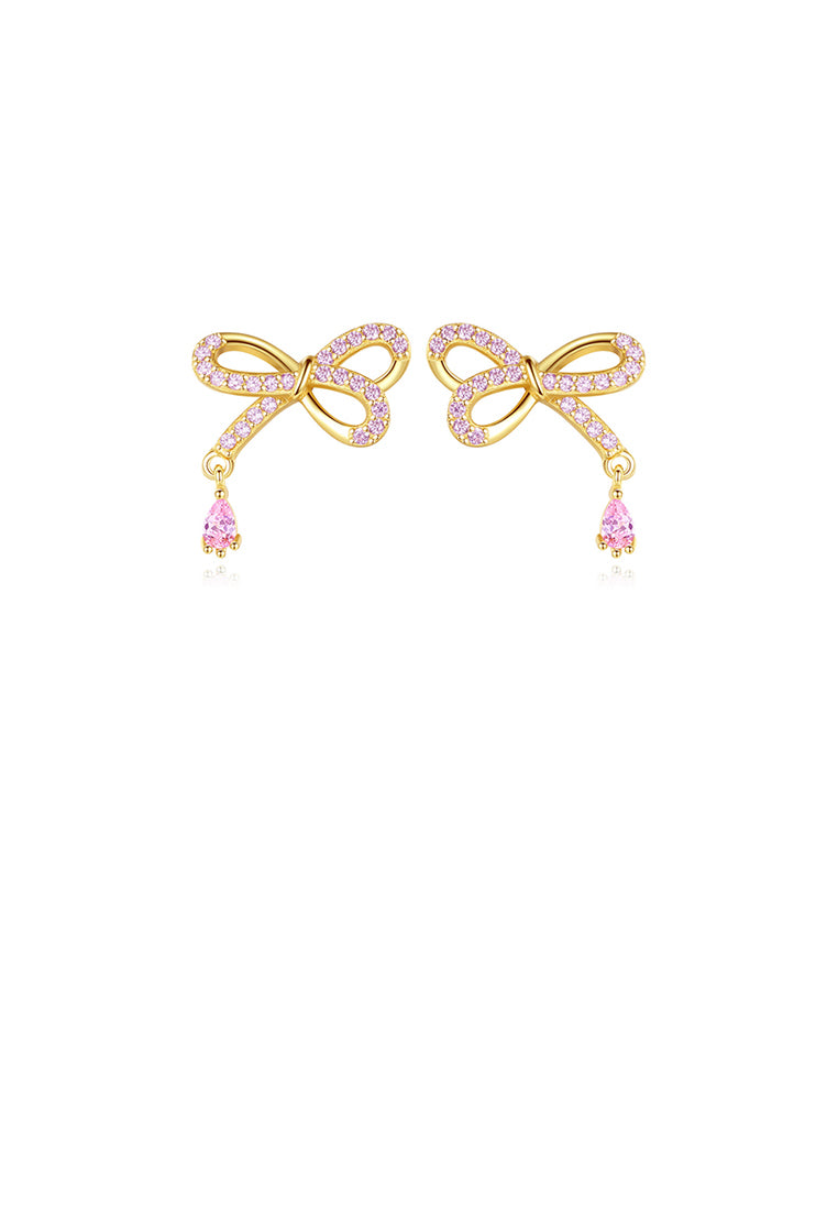 925 Sterling Silver Plated Gold Simple and Cute Ribbon Stud Earrings with Pink Cubic Zirconia - Luxurious Look - Vibrant Color