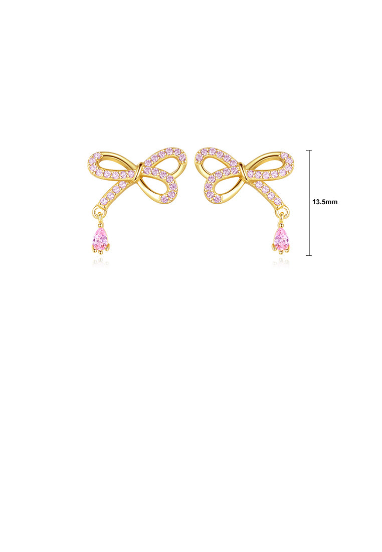 925 Sterling Silver Plated Gold Simple and Cute Ribbon Stud Earrings with Pink Cubic Zirconia - Luxurious Look - Vibrant Color