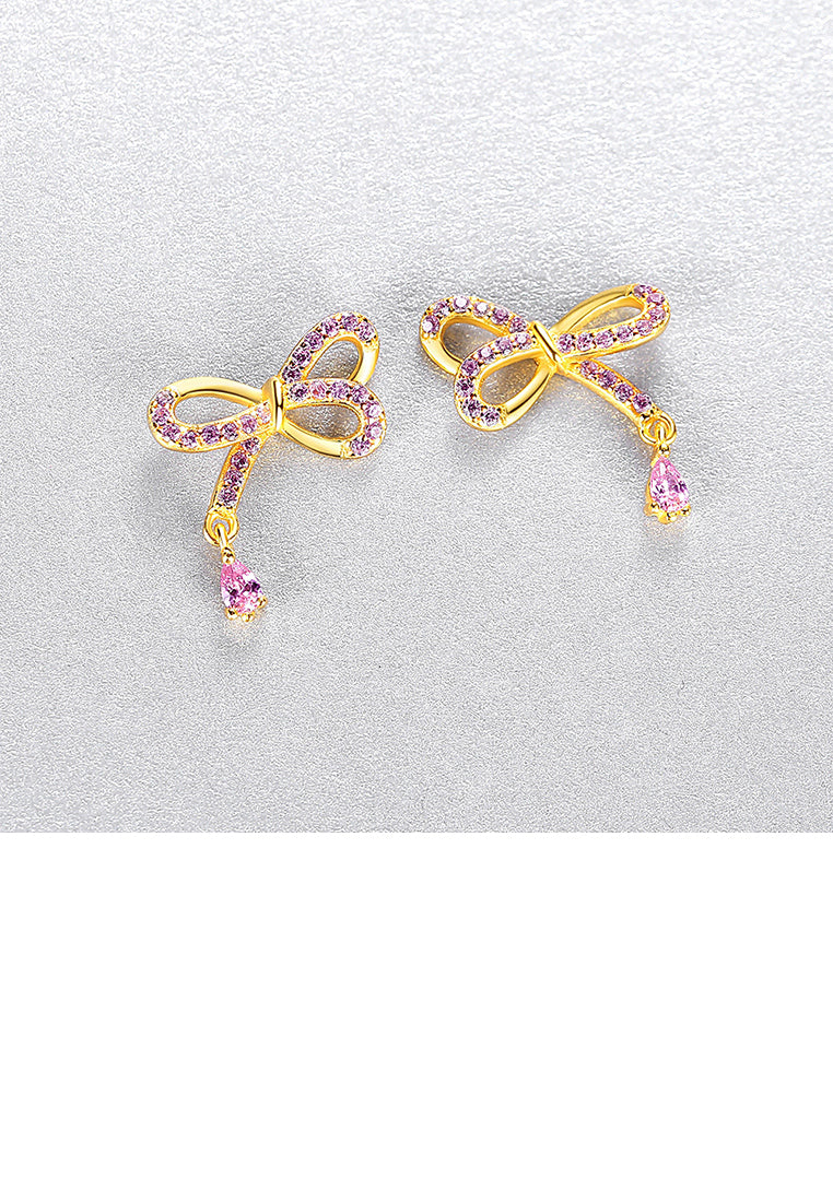 925 Sterling Silver Plated Gold Simple and Cute Ribbon Stud Earrings with Pink Cubic Zirconia - Luxurious Look - Vibrant Color