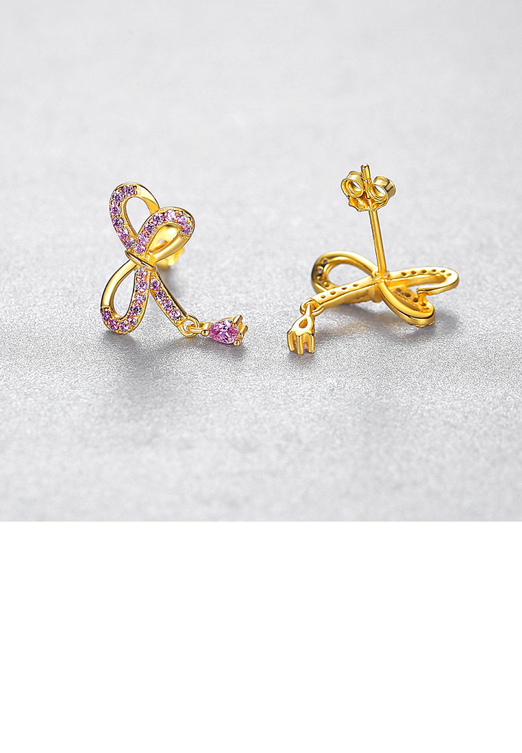 925 Sterling Silver Plated Gold Simple and Cute Ribbon Stud Earrings with Pink Cubic Zirconia - Luxurious Look - Vibrant Color