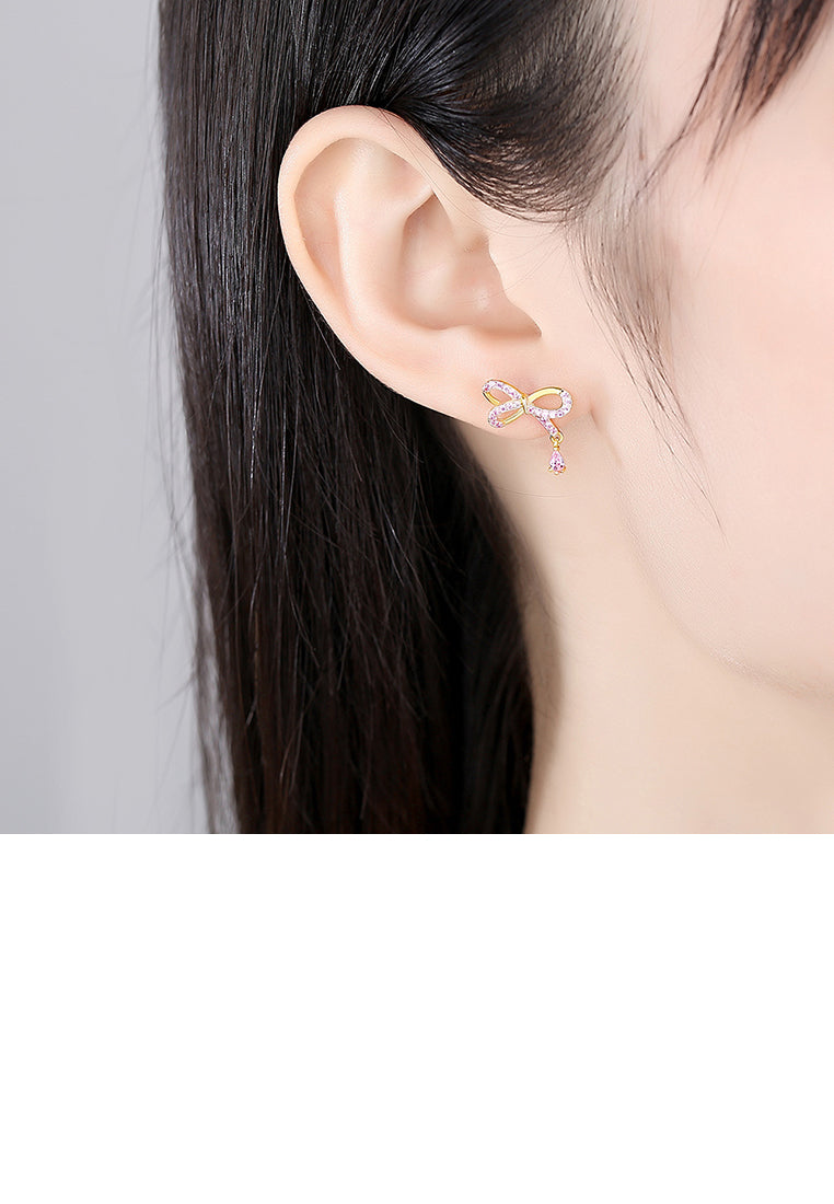 925 Sterling Silver Plated Gold Simple and Cute Ribbon Stud Earrings with Pink Cubic Zirconia - Luxurious Look - Vibrant Color