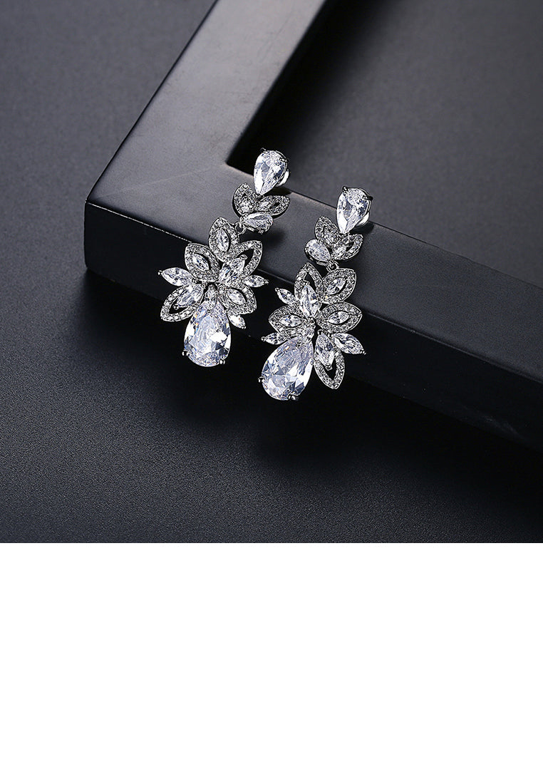 Elegant and Bright Flower Long Earrings with Cubic Zirconia - Luxurious Look