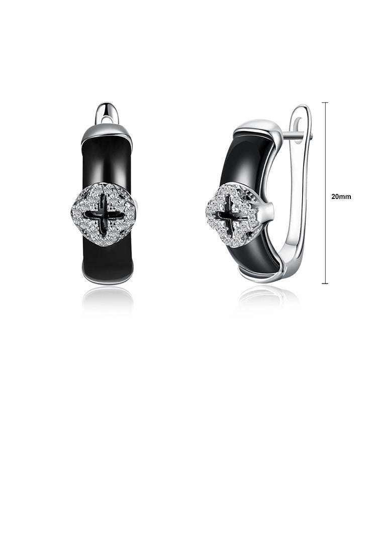 925 Sterling Silver Elegant Fashion Four-leafed Clover Cubic Zircon Black Ceramic Earrings