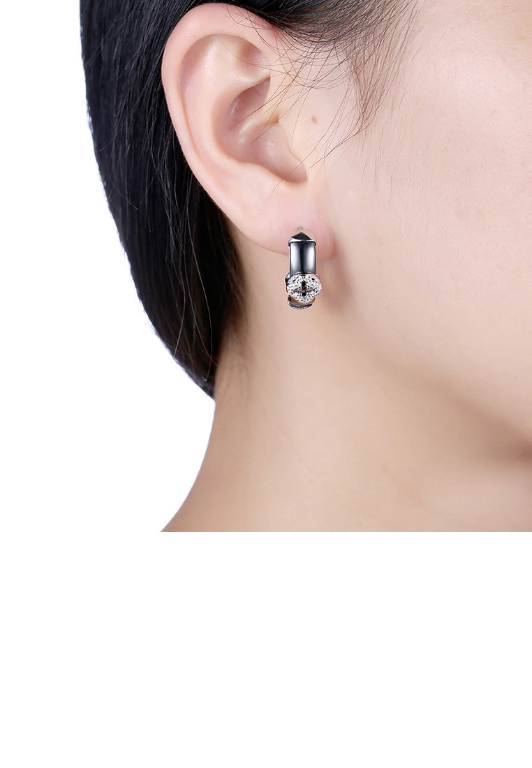 925 Sterling Silver Elegant Fashion Four-leafed Clover Cubic Zircon Black Ceramic Earrings