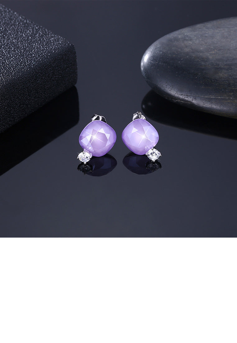 925 Sterling Silver Fashion Simple Geometric Square Stud Earrings with Purple Austrian Element Crystal