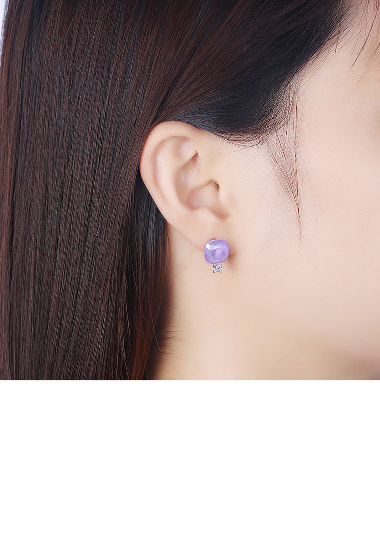 925 Sterling Silver Fashion Simple Geometric Square Stud Earrings with Purple Austrian Element Crystal