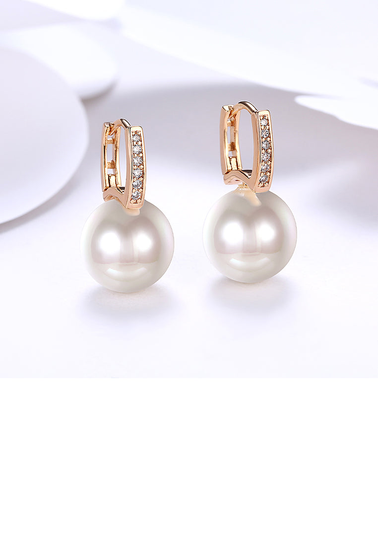 Elegant Plated Champagne Gold Pearl Earrings with Austrian Element Crystal - Luxurious Look