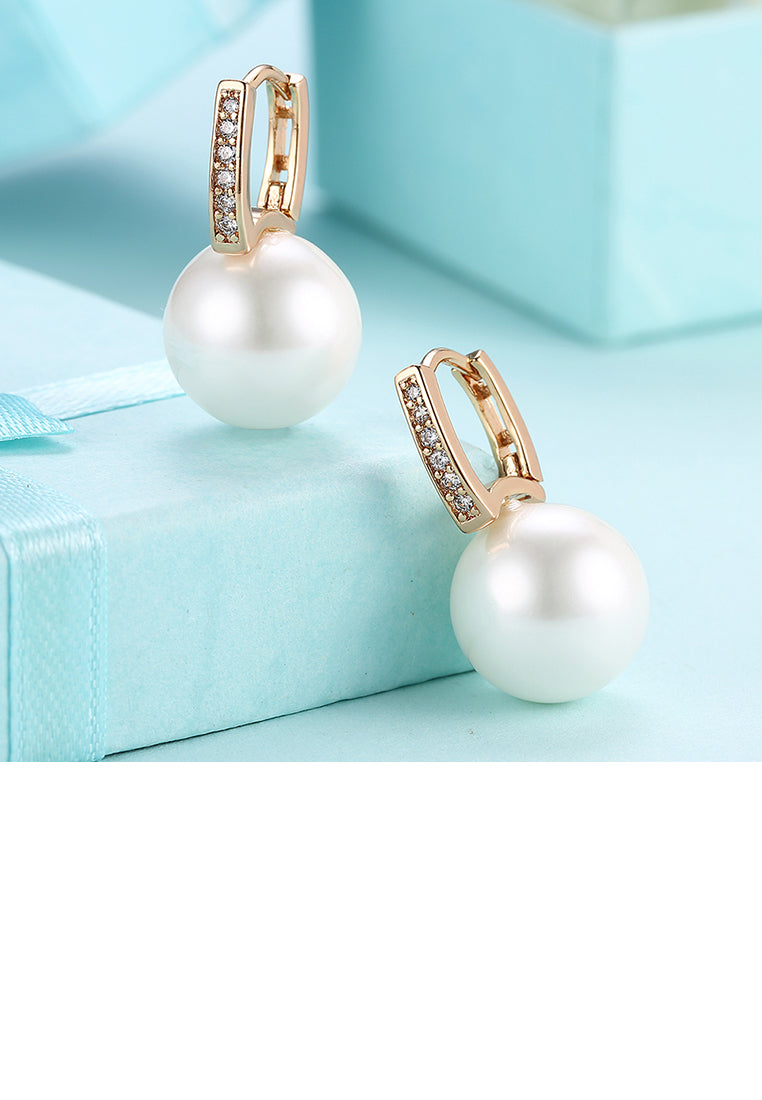 Elegant Plated Champagne Gold Pearl Earrings with Austrian Element Crystal - Luxurious Look