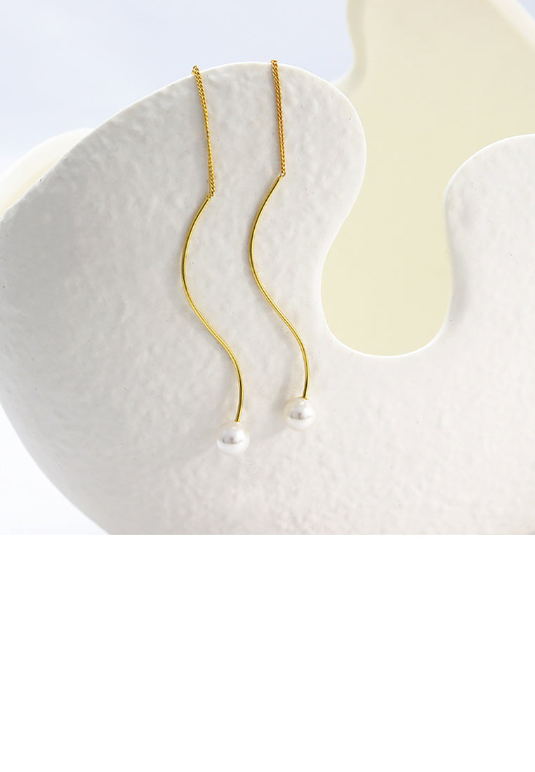 925 Sterling Silver Plated Gold Simple Fashion Geometric Lines Freshwater Pearl Earrings - Luxurious Look