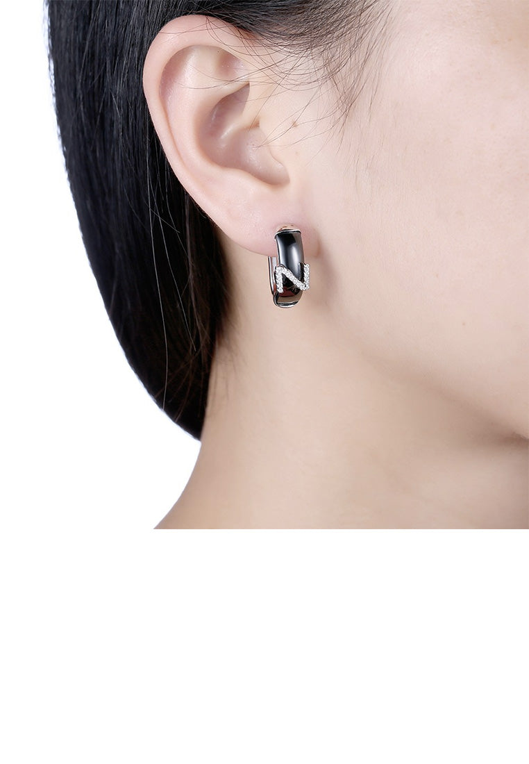 925 Sterling Silver Fashion Elegant Letter Z Black Ceramic Earrings with Cubic Zircon
